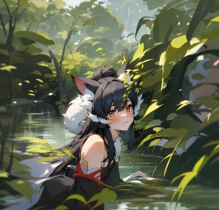 Anime girl with cat ears and tail in front of the pond, komono, portrait of ahri, ahri, Wolf ears, beautiful anime catgirl, anime catgirl, From Arknights, anime girl with cat ears, cute anime catgirl, Girl with fox ears, Guviz, Genshin, Hestia, Girl with c...