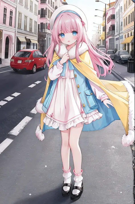 Girl frontal photography, standing all over the street, a yellow shawl cape, blue eyes with white fur collar, red long-sleeved shawl, pink chest-length slip dress，White pile socks