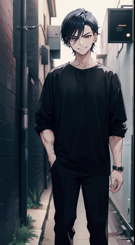 A man, standing in a dark alley, was wearing a black shirt and black trousers, dark blue hair and bright black eyes, badass, smilling, smirk