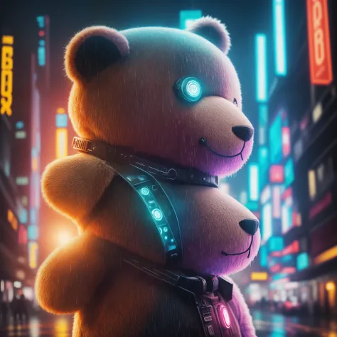 Create a breathtaking masterpiece with stunning effects, plush teddy, usando colar de bitcoin, wet, (cyberpunk:1.1), rain, epic realistic, rutkowski, hdr, intricate details, hyperdetailed, cinematic, rim light, muted colorsde