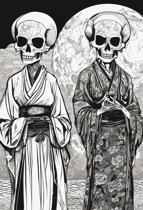 Two beautiful women in kimonos standing symmetrically, The silhouette of two models standing looks like a skull、Two models are making a skull、Fill the screen１One big skull、The shadow that projected the two is a skull、 Its fine ink lineart, Comic style, bea...