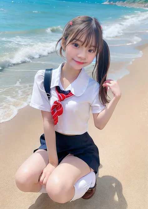 Cute little girl crouching on the beach。Slim abs。beauty legs。japanese gal。Schoolgirl Uniform。cute smile face