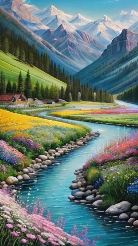 Painting of a mountain valley with streams and flowers, Lovely Valley, darrell k sweet, Nature painting, Incredible paintings, Full of color and rich details, amazing landscape, Very, very, very beautiful art, by rainer hosch, Landscapes depicted, Stunning...