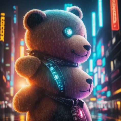 Create a breathtaking masterpiece with stunning effects, plush teddy, usando colar de bitcoin, wet, (cyberpunk:1.1), rain, epic realistic, rutkowski, hdr, intricate details, hyperdetailed, cinematic, rim light, muted colorsde