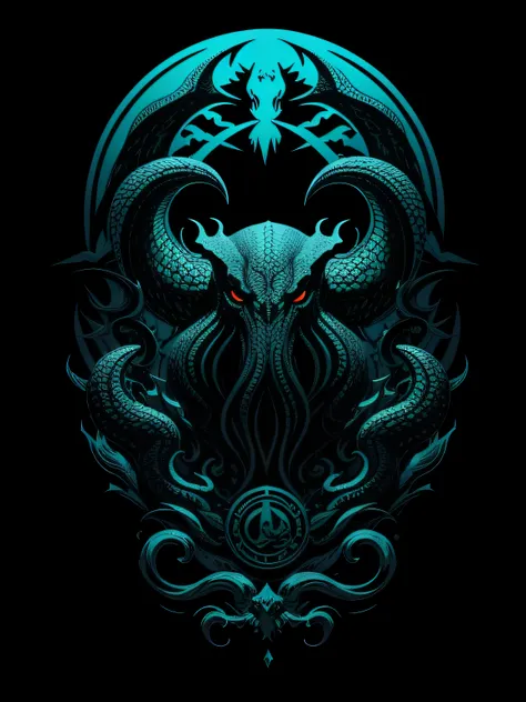 [cthulhu] Heraldic silhouette, logo masking style illustration, by dan mumford, by greg rutkowski, by james jean, black background, mysterious, fantasy art, realistic, majestic, rich vibrant colors, high contrast, seamless water brand, artstation, devianta...