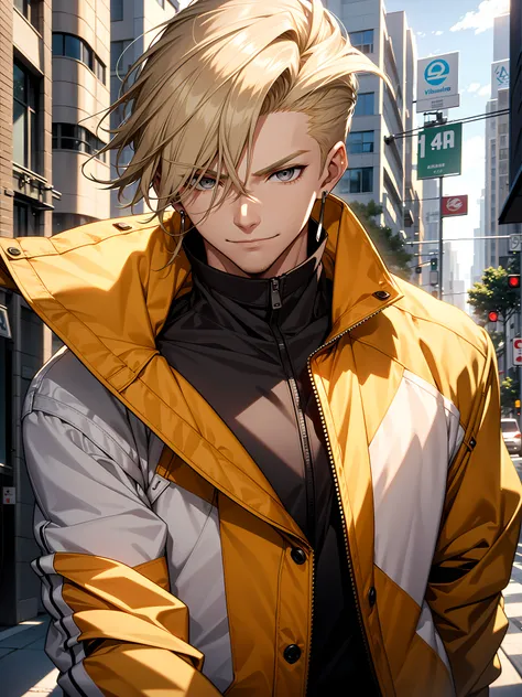 1boy, short earrings, tall guy, face focus with a smirk, beautiful accurate gray eyes, blonde hair with mullet haircut, body is well proportioned, white long sleeves, yellow jacket, his in the neighborhood, looking at viewer, high resolution, ultrasharp, 8...