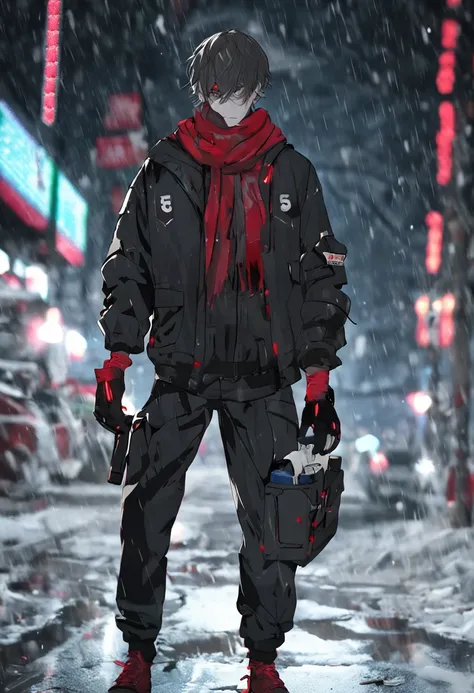 akechi_gorou, winter_uniform, 1boy, tiese, streaked_tiese, mitts, black_mitts, Pants, black_Pants, Solo, Male focus, Masterpiece, Best quality, 4K, 8K, Cinematic lighting, Soejima Shigenori, horror, blood_on_face, black_wings, zombies