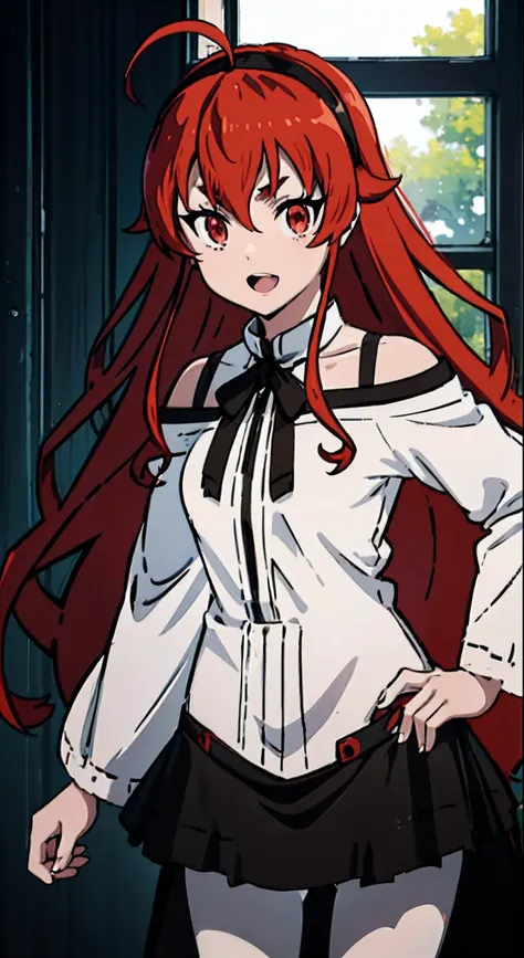 Best Quality, (masutepiece:1.2), Detailed, 1girl in, Solo, Open mouth, Smile, Long hair, Red hair, Ahoge, Red Eyes, black hairband, White Dress, Bare shoulders, Neck ribbon, a black ribbon, Dark brown skirt, Long sleeves, (White pantyhose:1.2), Standing, L...