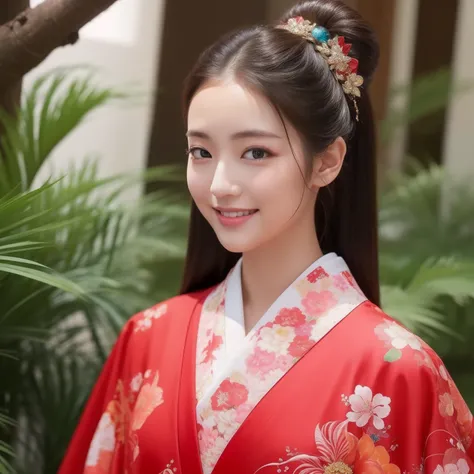 ((花魁))、red kimono、Beautie、Fancy hair ornaments、Shoulders are protruding、HDTV、Super beautiful、1人、front-facing view、Full body view、((Young 1.3))、Flashy kimono、glossy、​masterpiece、bewitching、smil、