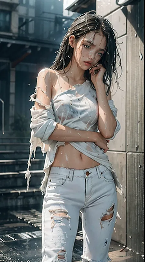 best image quality, masterpiece, super high resolution, (fidelity:1.4), photo, 1 girl, white shirt, torn jeans, white sneakers, dim, darkness, despair, pity, poor, movie, tears, teardrops, (torn clothes:1.5), (wet clothes:1.4), bare shoulders, real rain, w...