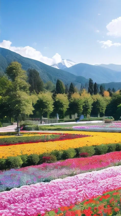 (realisitic),(​masterpiece),Lots of colorful flowers blooming at the foot of the mountains,Overwhelming scale