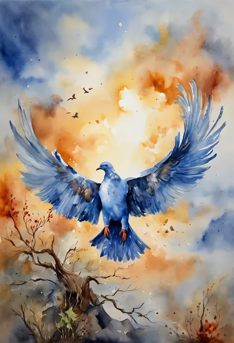 Realistic 8K oil painting of people worshipping under a beautiful metallic blue sky as a majestic dove on fire descends on them