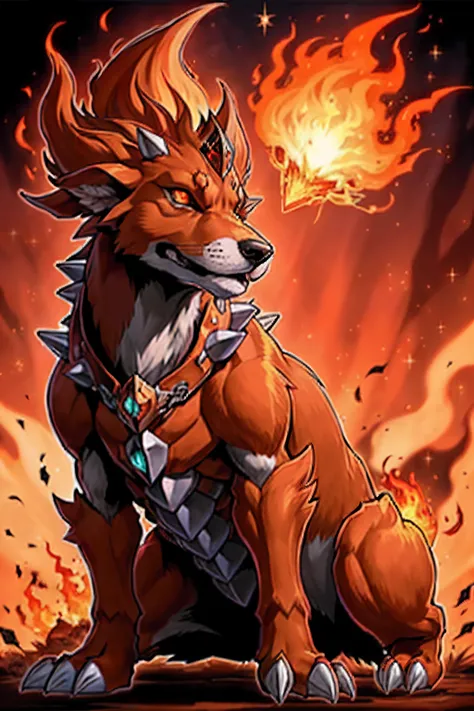 1dog, (Type: Fire) , crimson fire head, fire demon, spiky skin, agony, small, (wild:1.2), powerful, (level: 9), solo, best quality, master peice, glowing, yugioh style, yugioh monster, duel monster, outline, digimon, pokemon, sparkle