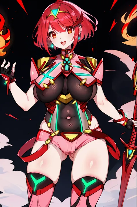 pyra (xenoblade), teen_1girl, loli, armor, bangs, black gloves, breasts, red eyes, light_open_mouth, earrings, eyelashes, fingerless gloves, floating hair, framed breasts, gem, gloves, hair ornament, headpiece, jewelry, big_breasts, leaning back, leotard, ...