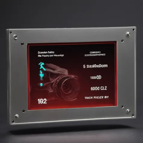 A sleek and modern card frame, with metal edges with emergency service symbols (fire, medic, police) em relevo em cada canto. The top of the frame contains a digital display panel showing the name of the card, while the bottom has a tactile area for card s...