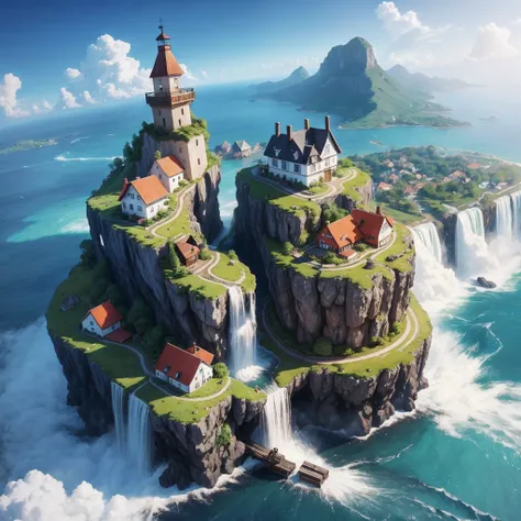 Fliegende Insel, schwebende Insel, Above the clouds, Wasserfall, that falls off the island, A few cute little houses, perspektive von vorne, man sieht die fliegende Insel und ein meer darunter, Style as realistic as possible