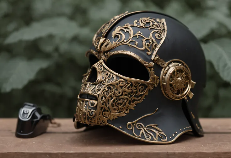 Wrap the entire head，Black metal helmet，Black main color gold accents (((Masterpiece))), ((Best quality)), ((intricately details)), ((Hyperrealistic))，frontage，Lateral face