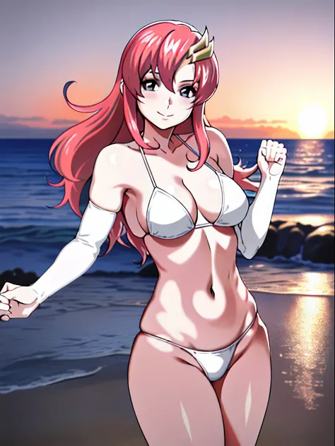 (masutepiece, 4K, Best Quality, Anime style: 1.9, (Solo), High color saturation, ultra  Detailed face, tall, Adult Woman, lovely, contrasty lighting, (detailed beach background), high resolution, Anime, lacus4. (White micro bikini top, micro thong), 1girl ...