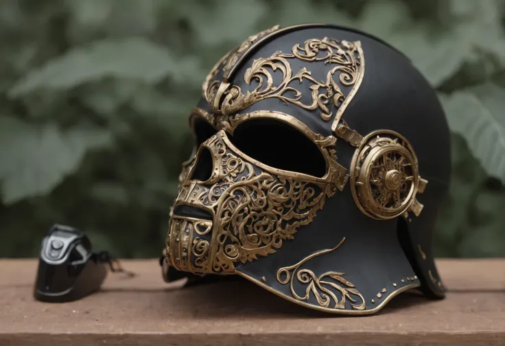 Wrap the entire head，Black metal helmet，Black main color gold accents (((Masterpiece))), ((Best quality)), ((intricately details)), ((Hyperrealistic))，frontage，Lateral face