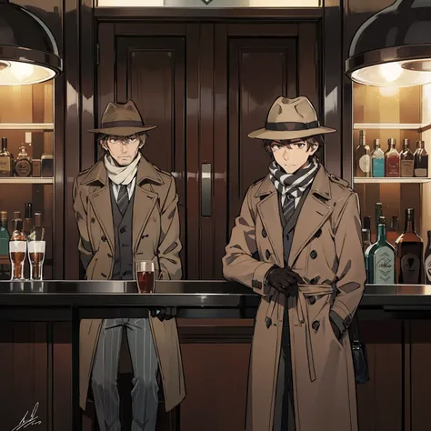 striped gray business suit, similarly colored leather gloves, a grayed scarf, and heavily unpolished elevator shoes. More signature of his apparel is his brown trench coat with his matching fedora hat that has a dark stripe, sitting on the bar