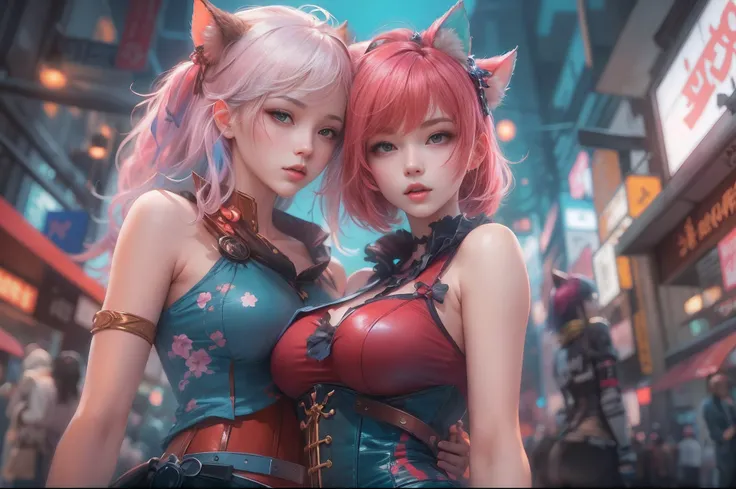 anime - style image of two women with pink and blue hair dressed in red and blue corset, posing in Akihabara for a foto shooting, Captured from worms eye view, wlop and sakimichan, attractive cat girl, artwork in the style of guweiz, fantasy art style, 2. ...