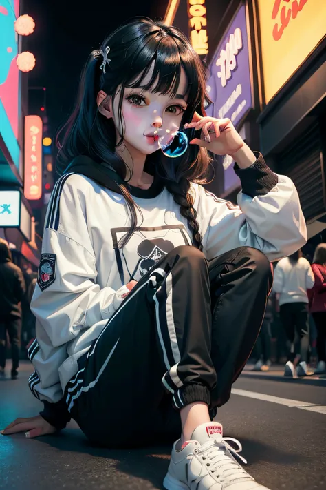 tmasterpiece， best qualityer，A girl blows bubbles（1.4）black color hair，White sneakers，leisure wear，the night，Food street，Light smile，vector illustrations， Sateen，Kamiasto ayaka