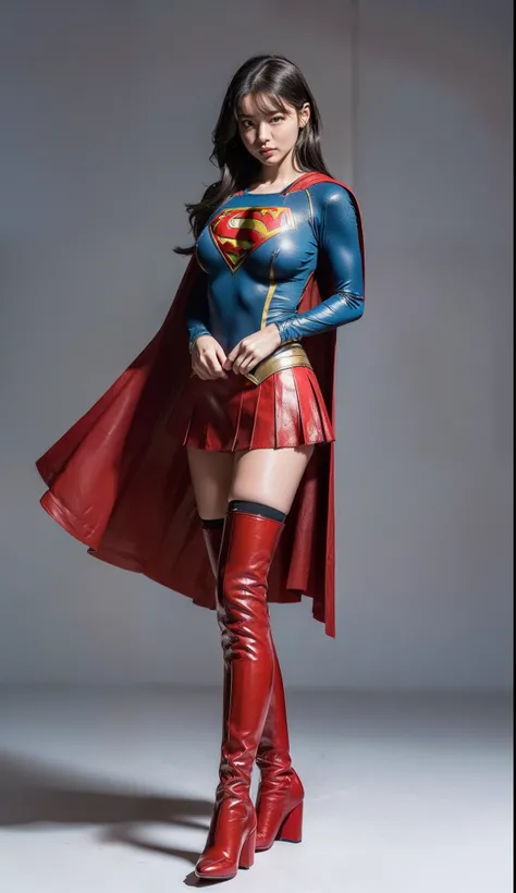 (((Make the most of the original image)))、(((Supergirl Costume)))、(((lustrous dark hair)))、(((Suffering)))、(((Feet must necessarily be worn with black tights)))、(((You need to wear red boots)))、((Top image quality、8K))、((top-quality、8K、​masterpiece:1.3))、C...