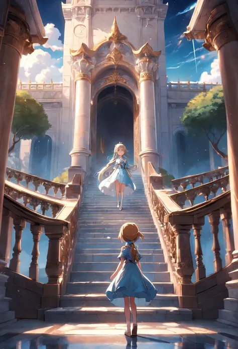 Beautiful little princess in dress, Stand on the marble steps at the entrance to the palace, Look at the wyvern in the distant sky.