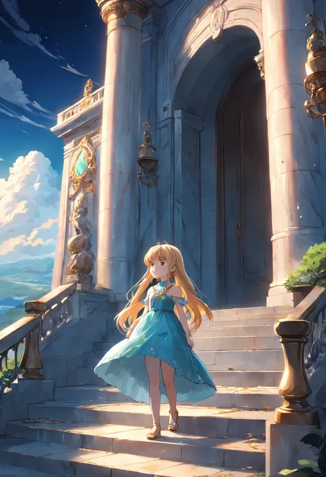 Beautiful little princess in dress, Stand on the marble steps at the entrance to the palace, Look at the wyvern in the distant sky.