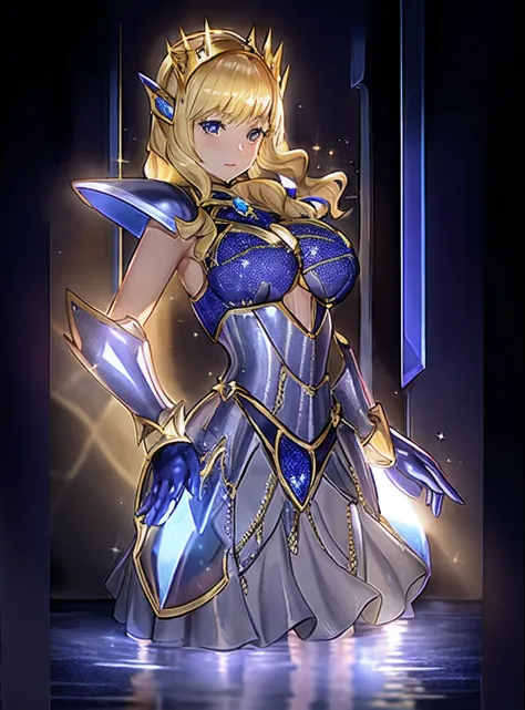 Woman in dress and gloves standing in water, a blonde girl, knights of zodiac girl, portrait knights of zodiac girl, In sapphire armor, oppai, huge tit, with large breasts, seductive princess knight, Dressed in light armor, Dress Armor Girl, Princess Knigh...