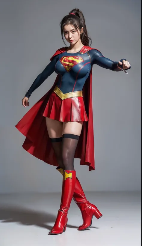 (((Make the most of the original image)))、(((Supergirl Costume)))、(((lustrous dark hair)))、(((Suffering)))、(((Feet must necessarily be worn with black tights)))、(((You need to wear red boots)))、((Top image quality、8K))、((top-quality、8K、​masterpiece:1.3))、C...