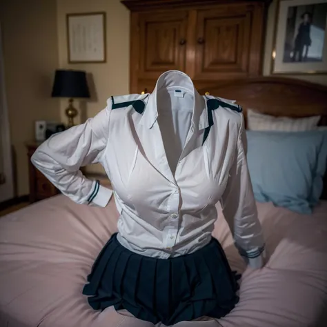 (girls school uniform lying on the bed:1.6) , (school uniform swells as if worn by invisible girl:1.8),((invisible, no humans:1.7, headless:1.7, handless, legless)), (big breasts:1.8),
(8k, RAW photo, best quality, masterpiece:1.2), (realistic, photo-reali...