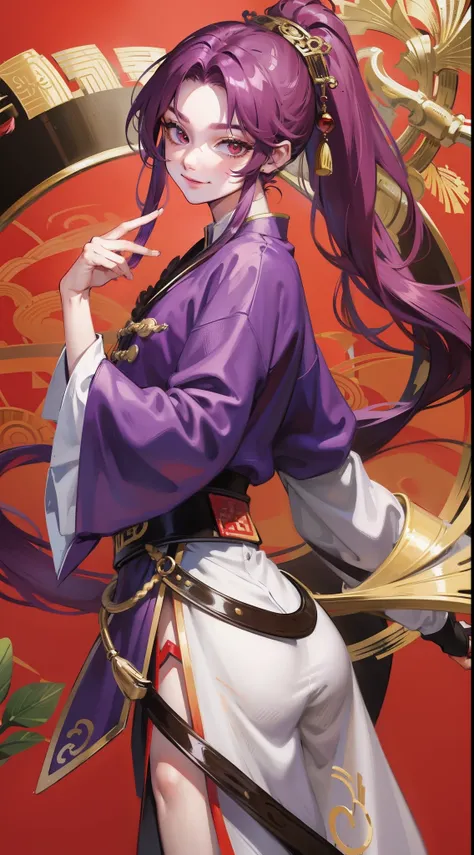 young boy, long purple hair, high ponytail, red-eyes, Chinese purple short-sleeved shirt, Via Hanifa, smirk, Feather Fan, Masterpiece, hiquality