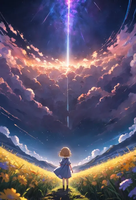 Expansive landscape photograph，（look from down，Above is the sky，Below are open fields），A little girl stood on a flower field and looked up，（moon full：1.2），（meteors：0.9），（Starcloud：1.3），Far Mountain, Tree BREAK making art，（Warm light source：1.2），（glowworm：1...