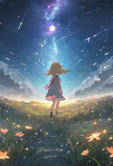 Expansive landscape photograph，（look from down，Above is the sky，Below are open fields），A little girl stood on a flower field and looked up，（moon full：1.2），（meteors：0.9），（Starcloud：1.3），Far Mountain, Tree BREAK making art，（Warm light source：1.2），（glowworm：1...