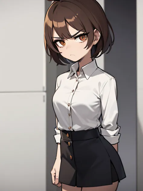 ((masterpiece, best quality)), (1girl), (solo), (female focus), (ahoge, brown hair, short hair), brown eyes,  ((white shirt), (buttoned shirt), (button gap)), ((black skirt), (short skirt)), standing, white background, arms behind back, dynamic angle, guar...