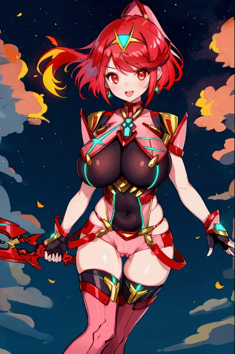 pyra (xenoblade), teen_1girl, loli, armor, bangs, black gloves, breasts, red eyes, light_open_mouth, earrings, eyelashes, fingerless gloves, floating hair, framed breasts, gem, gloves, hair ornament, headpiece, jewelry, big_breasts, leaning back, leotard, ...