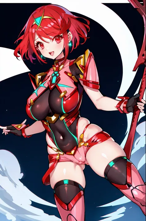 pyra (xenoblade), teen_1girl, loli, armor, bangs, black gloves, breasts, red eyes, light_open_mouth, earrings, eyelashes, fingerless gloves, floating hair, framed breasts, gem, gloves, hair ornament, headpiece, jewelry, big_breasts, leaning back, leotard, ...