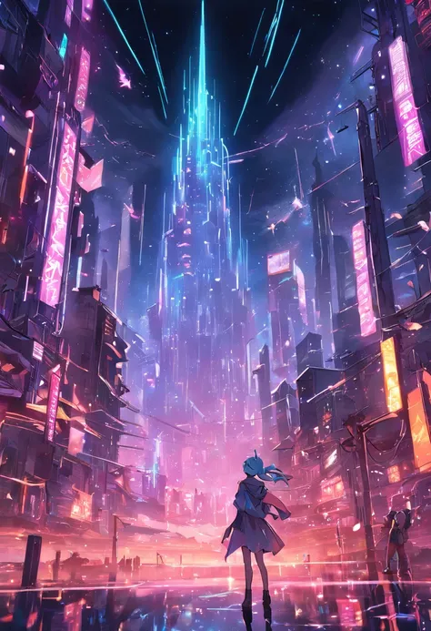 Massive cyberpunk cityscape, Soaring spires and holographic billboards illuminating the night sky.