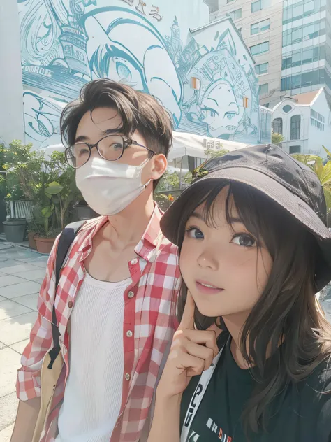 A girl looking at the camera, A boy wearing mask, sunshine