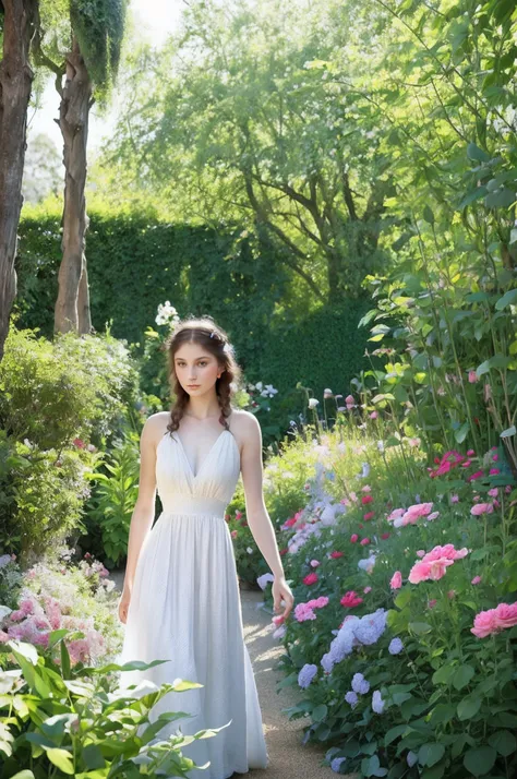 Arad woman in a white dress walks through the garden, Lush chic garden, a goddess in a field of flowers, ancient garden behind her, prima ballerina in rose garden, soft elegant gown, romantic gown, summer morning light, inspired by William-Adolphe Bouguere...