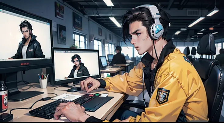 mature male , black hair , black eye , computer desk , gaming , headset , playing game , mexican america ,