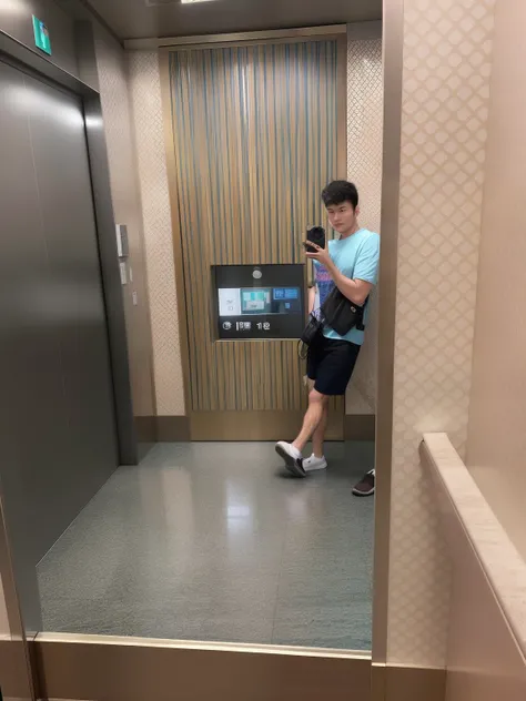 there is a man taking a picture of himself in the elevator, in an elevator, in a hotel hallway, elevator, photo taken in 2 0 2 0, in a japanese apartment, vacation photo, 155 cm tall, standing in front of a mirror, opposite the lift-shaft, real life pictur...