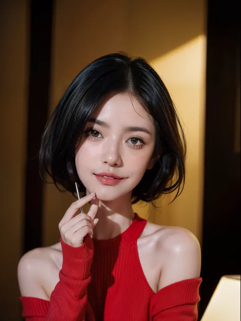 high detal，8K分辨率，超高分辨率，Best image quality，a beauty girl，lipsticks，Love pupils，Peerless beauty，Messy black straight hair，shoulder-length short hair，Smooth hair，Intense and beautiful makeup，Exquisite and perfect facial features，the most beautiful big eyes，Be...