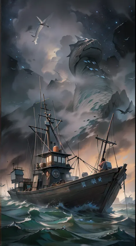 An affected fishing boat struggling to move forward in polluted waters, marine creatures hiding in corners, anxious fishermen on the boat, a coastline shrouded in black smoke in the distance, ,in the style of the stars art group xing xing, 32k, best qualit...