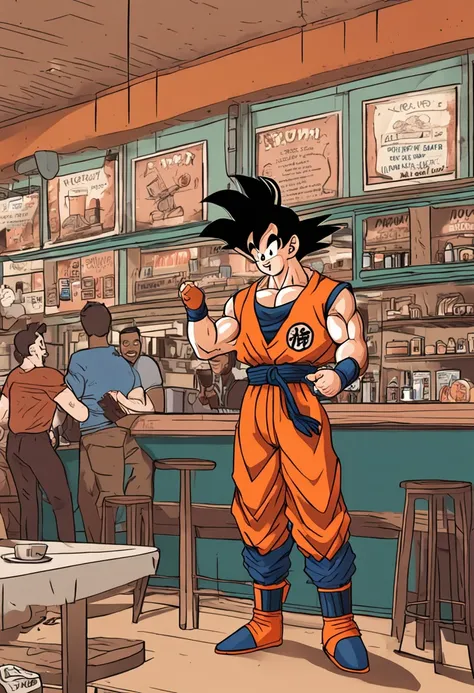 "Goku is holding an iPhone, listening to music, standing next to a cafe."