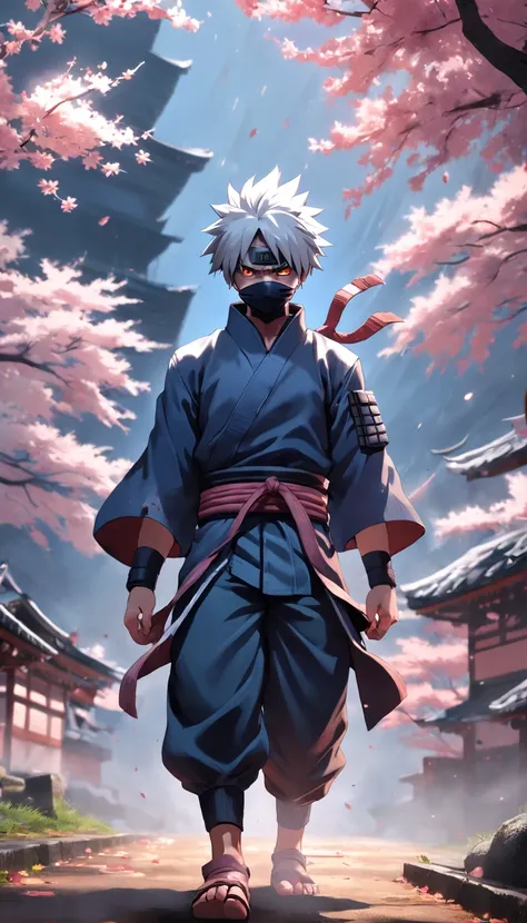 An ultra-realistic 8K HDR image depicting a Kakashi Hatake full view with a demon shadow looming behind it. The sakura Kakashi hatake full view  is intricately detailed, with every fur and whisker rendered with precision. The dark fantasy atmosphere enhanc...