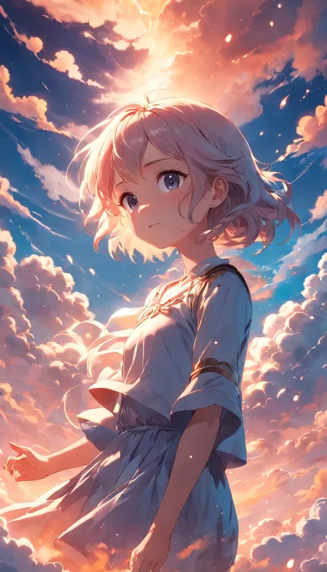 masterpiece, best quality, movie still, 1girl, cloud girl, floating in the sky, close-up, bright, happy, warm soft lighting, sunset, (sparks:0.7)