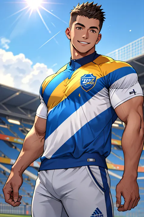 Draw a full-fledged athlete，Stand on the central field of the gym，He wears high-end sportswear，The man looks confident and determined，rays of sunshine，cheerful big breasts，Handsome，Crew cut，full bodyesbian，shooting from below，