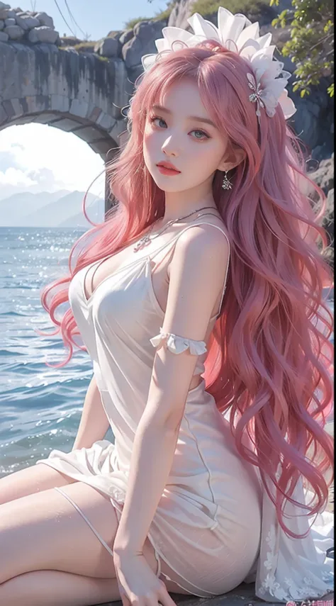 Girl, sexy, wet white silk wedding dress, pink long hair, pink long hair, curly hair, curly hair, smooth long hair, shiny hair, delicate face, delicate lips, delicate eyes, blue pupils, delicate nose, necklace, earrings, hairpins, correct body structure, c...